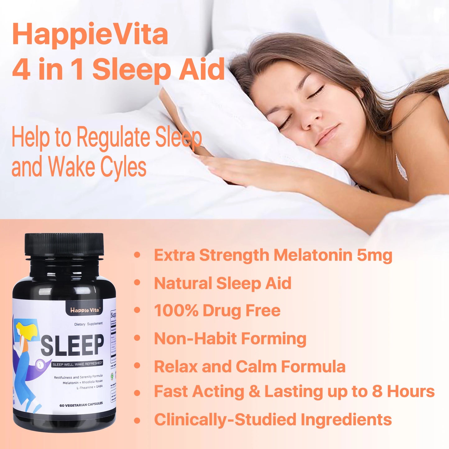 HappieVita 4 in 1 Sleep Aid for Adults, Melatonin, Rhodiola Rosea, GABA and L-Theanine Relaxation and Sleep Supplement, 60 Capsu