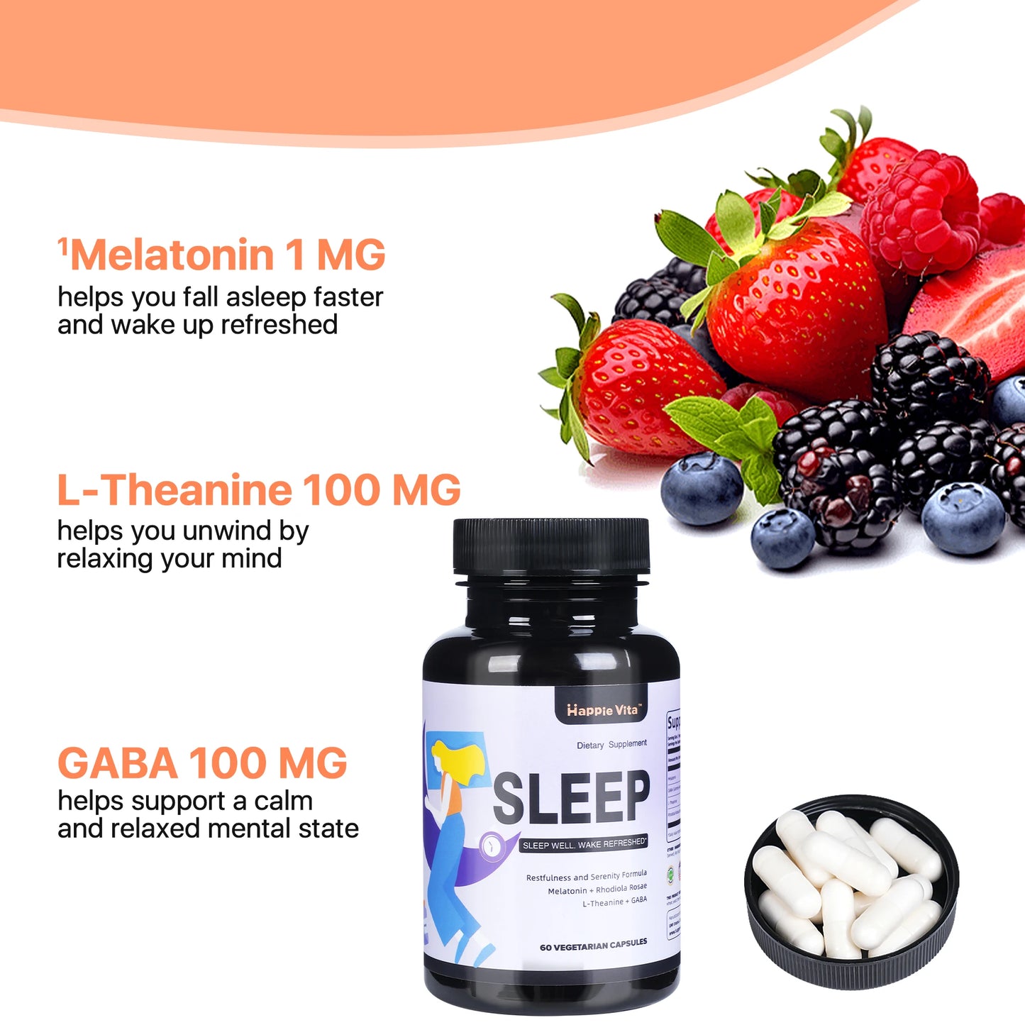 HappieVita 4 in 1 Sleep Aid for Adults, Melatonin, Rhodiola Rosea, GABA and L-Theanine Relaxation and Sleep Supplement, 60 Capsu